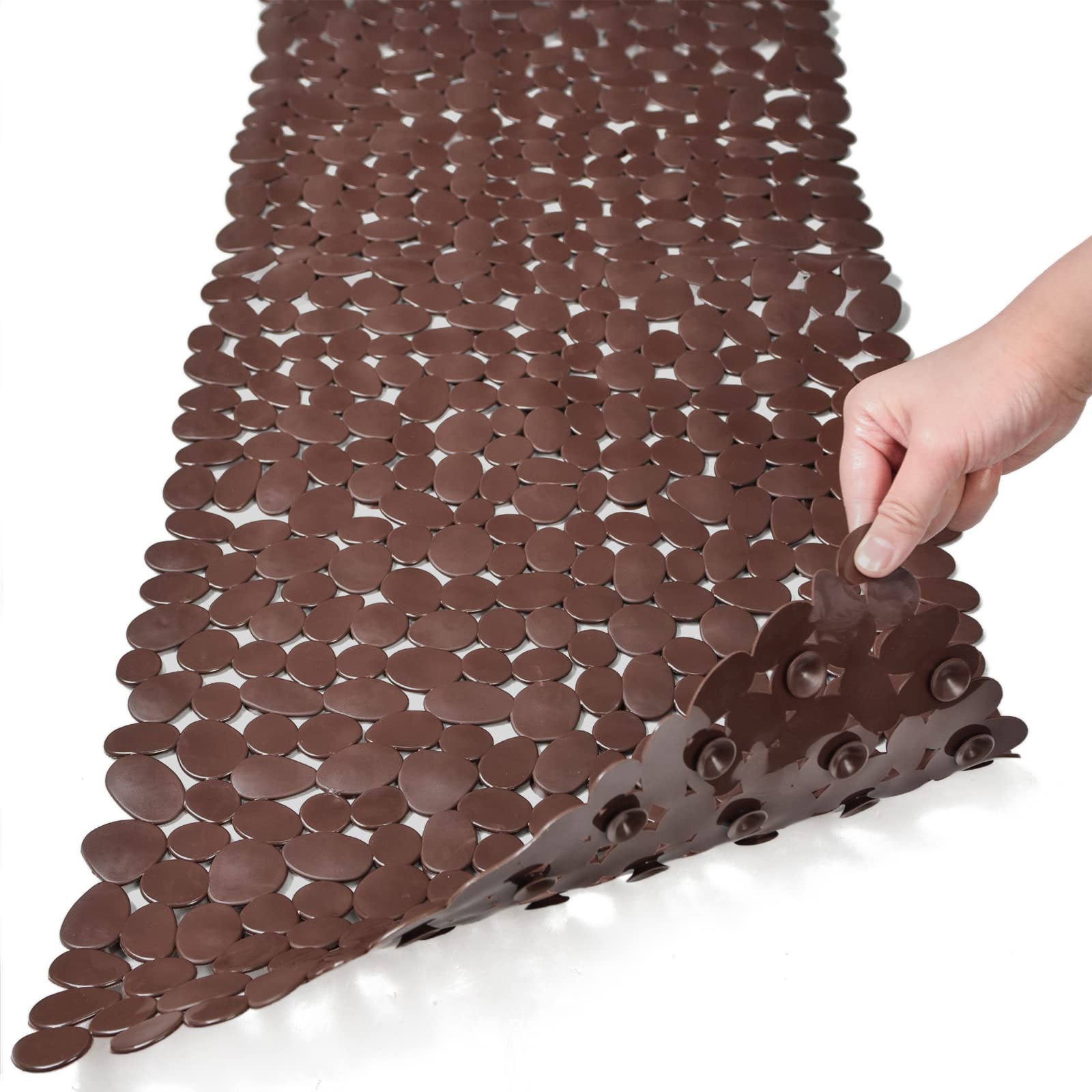 Alfombrilla antideslizante para bañera con orificios de drenaje, alfombrilla con ventosas para bañera (16 w x 35 l, marrón)