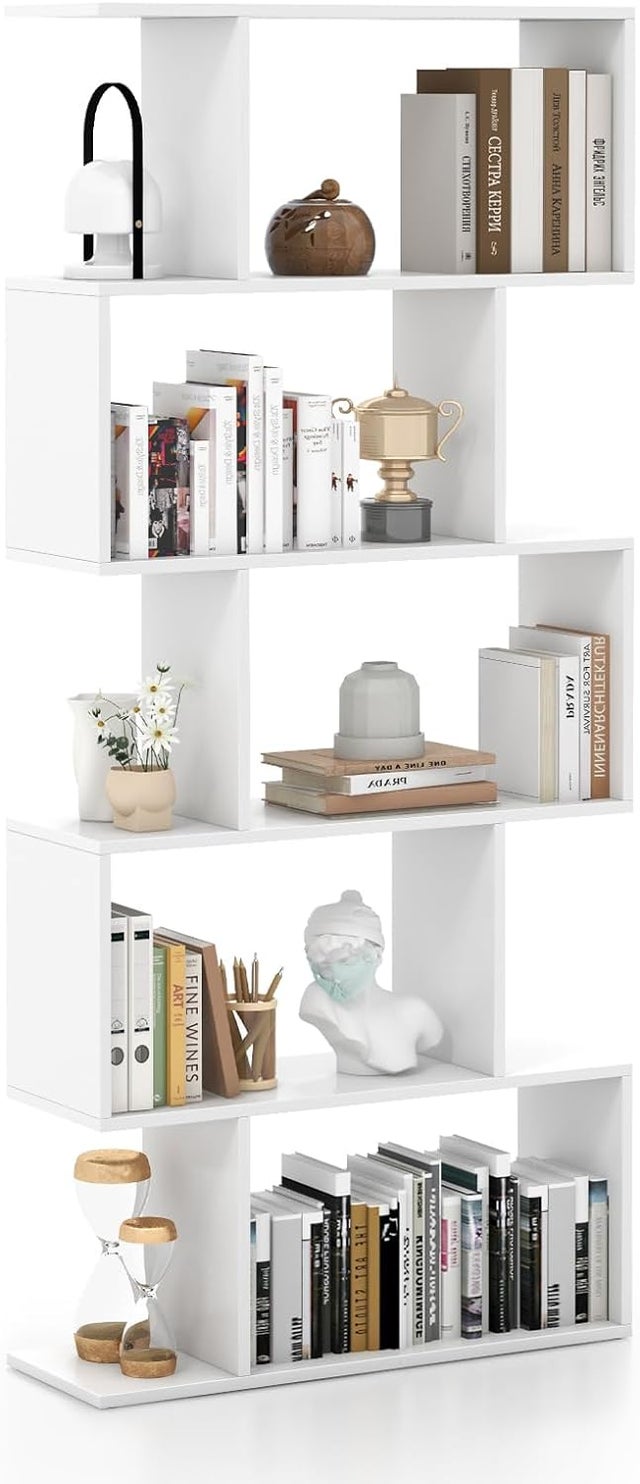 Librería con 6 Niveles, Librería con Forma de S con Dispositivo Antivuelco, Estante de Madera con Forma de Z para Libros Fotos y Plantas