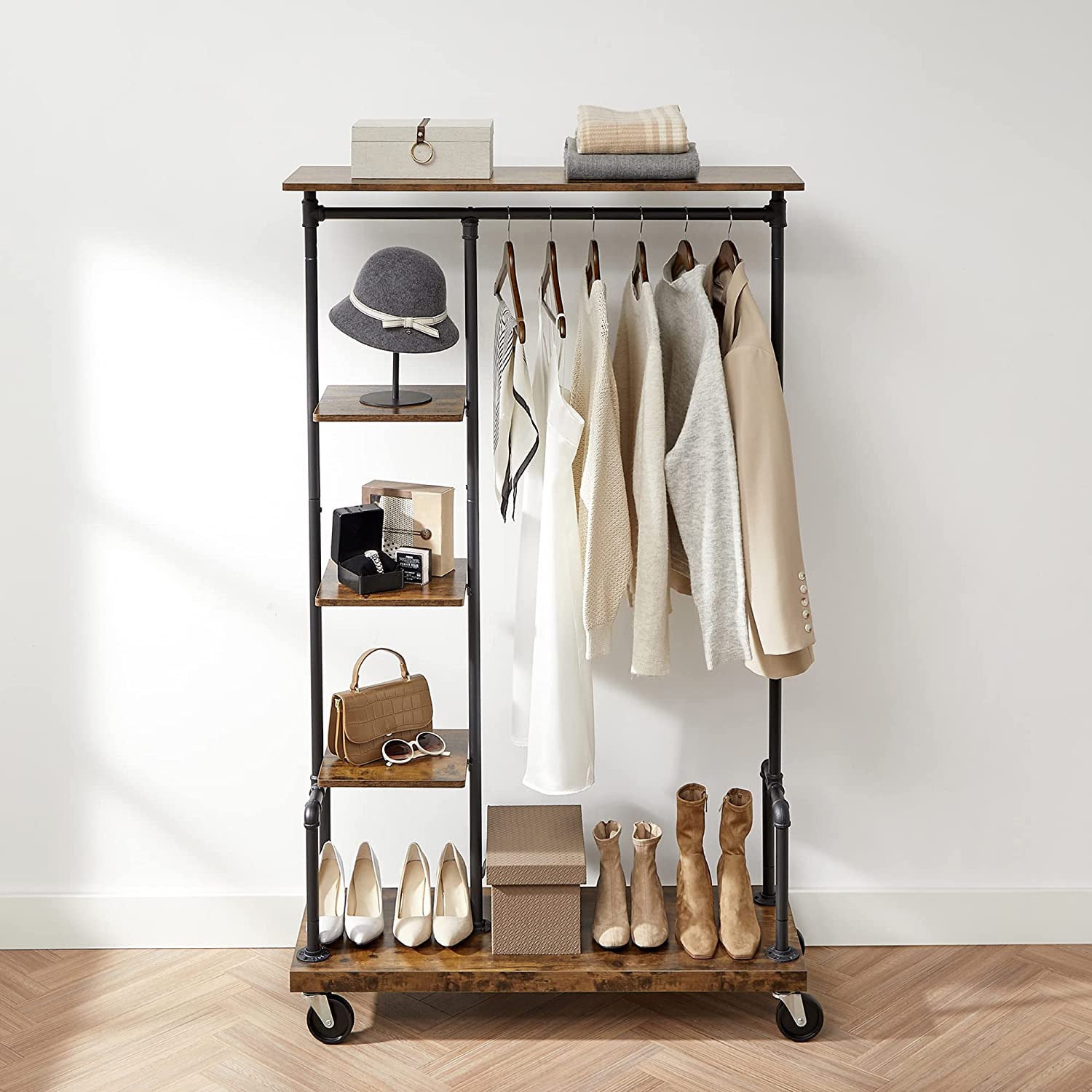 Portemanteau Mobile, Vestiaire sur roulettes, Meuble d’Entrée, Portant à Vêtements à 5 Niveaux, Structure Métallique, Marron Rustique - 6