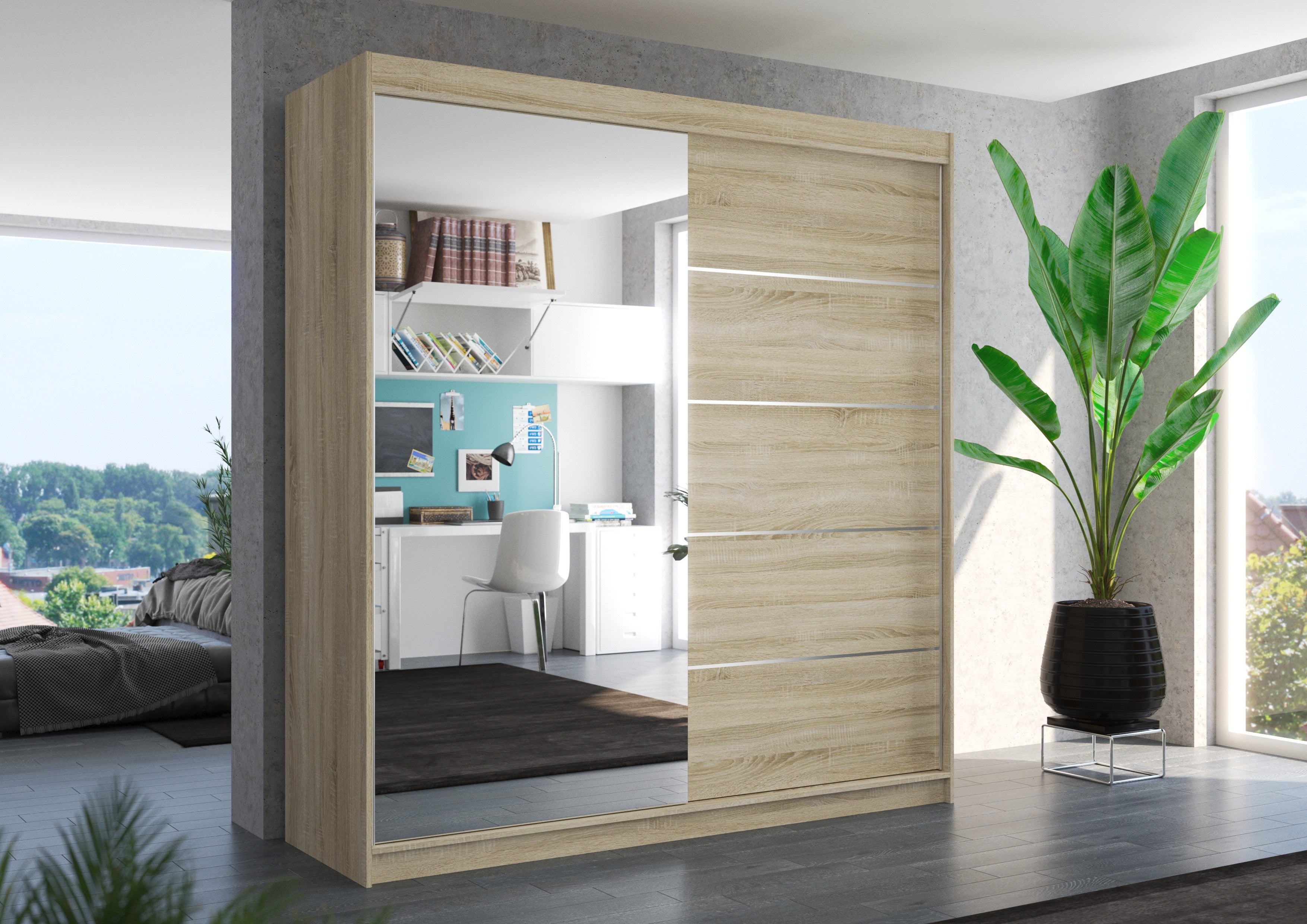 Armoire chambre adulte 2 portes coulissantes 1 naturel 1 miroir Olivia 200cm - 2