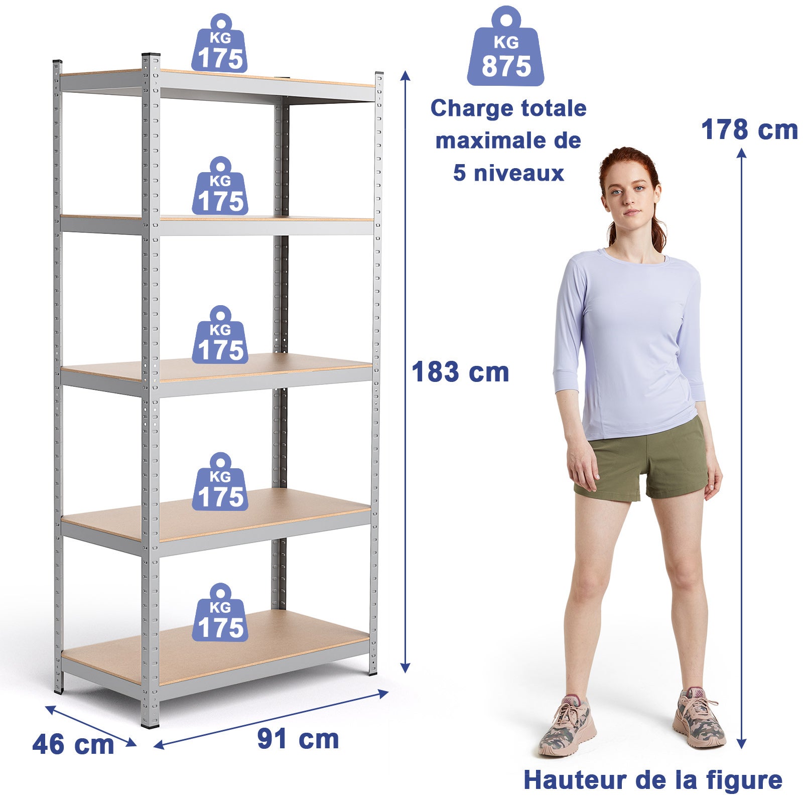 Étagère de Rangement à 5 Niveaux 46 x 91 x 183 cm, Charge Lourde Totale 875 kg (175kg par Niveau) pour Garage, Cave, Atelier, Cuisine, Argent - 3