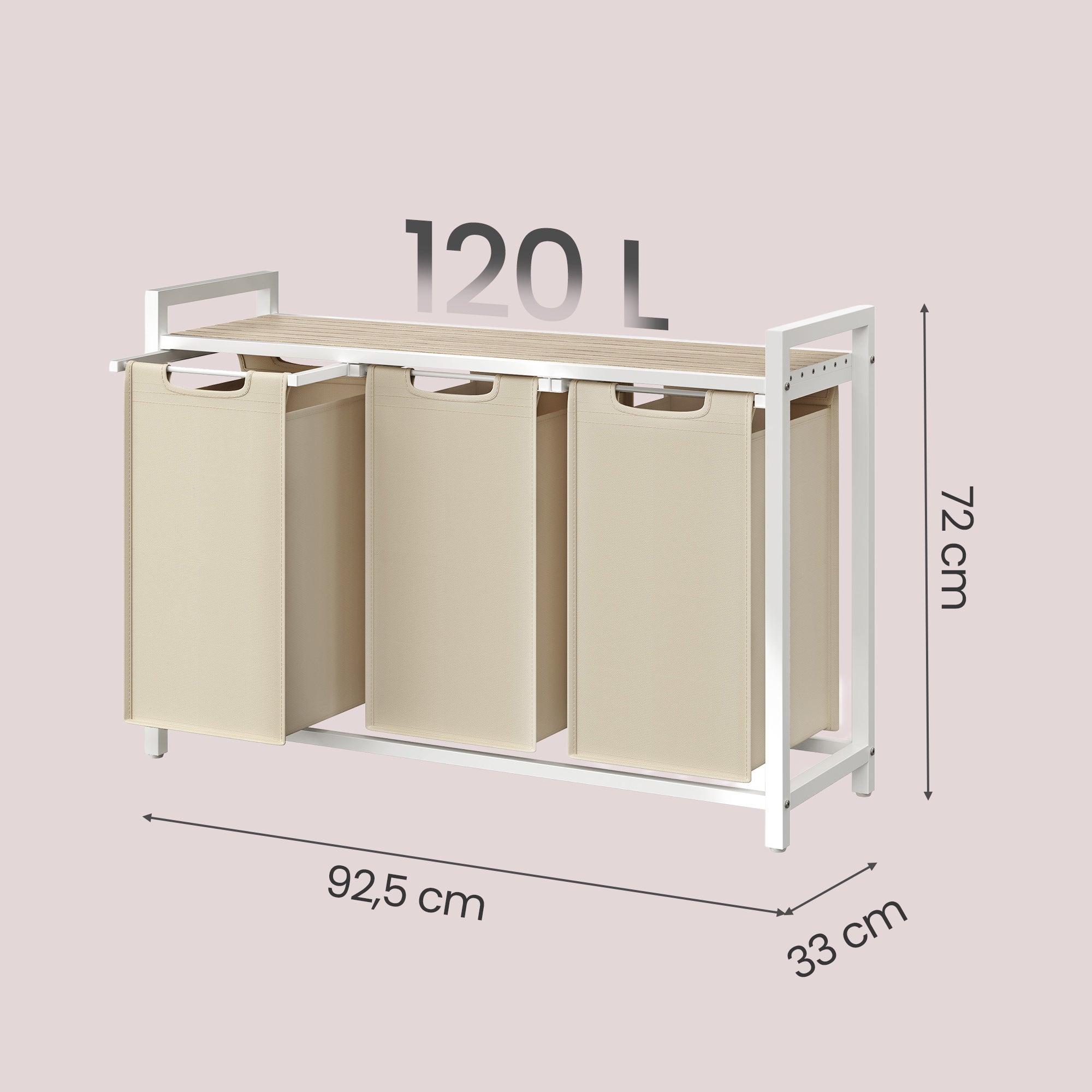 Panier à Linge 3 Compartiments, avec Étagère de Rangement, Sac Amovible, Cadre en Métal, 3 x 40 L, Beige - 5
