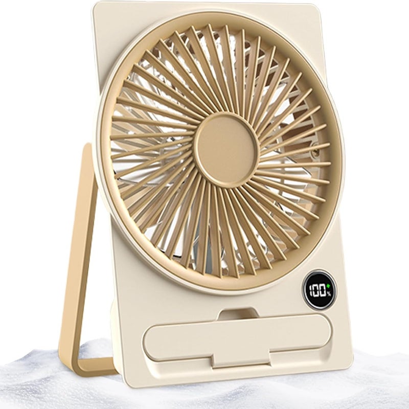 Wentylator biurkowy z akumulatorem USB i wyświetlaczem LCD, ultracienka konstrukcja, idealny na kemping, w podróży i do użytku w pomieszczeniach, beż