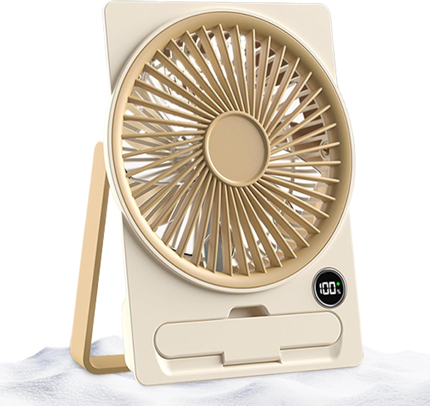 Wentylator stołowy z akumulatorem USB i ekranem LCD, ultracienka konstrukcja, idealny na kemping, w podróży i do użytku wewnątrz pomieszczeń, beżowy