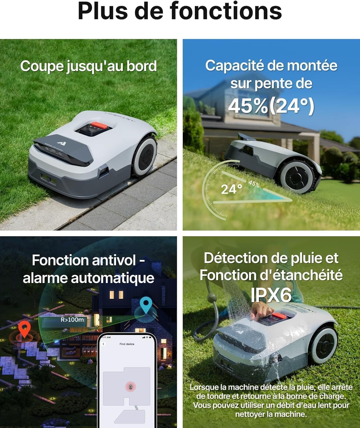 Tondeuse Robot sans Fil Périphérique,pour Pelouses Jusqu’à 1500m², RTK Full Band+Vision IA 4 Yeux,Cartographie Automatique,20 Zones,ANTHBOT Genie 800 - 6