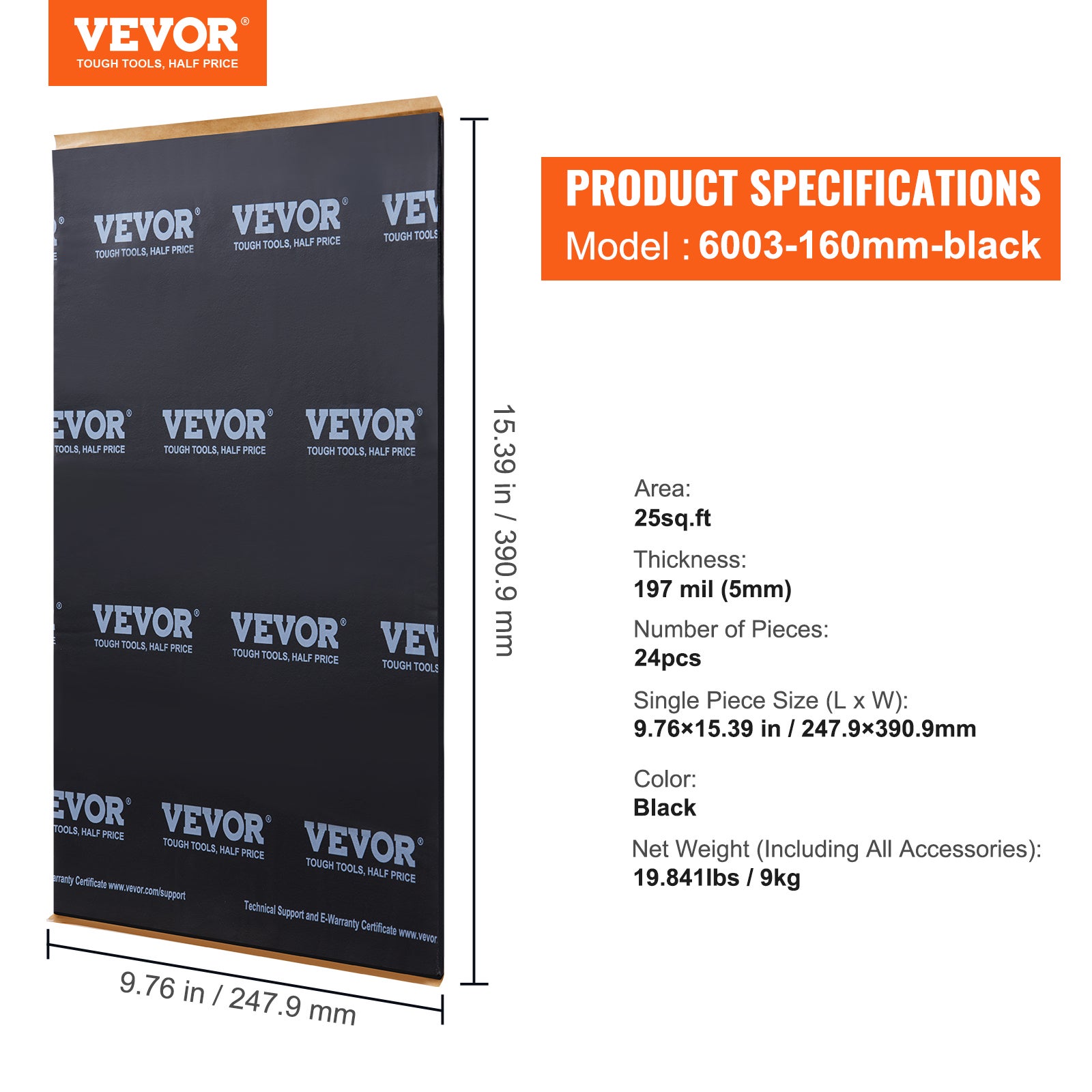Tapis d'Isolation Phonique VEVOR 5,1 mm Insonorisation Voiture 2,3 m² Matériau Insonorisant Automobile Caoutchouc Butyle 247,9x390,9 mm Tapis Isolant - 7