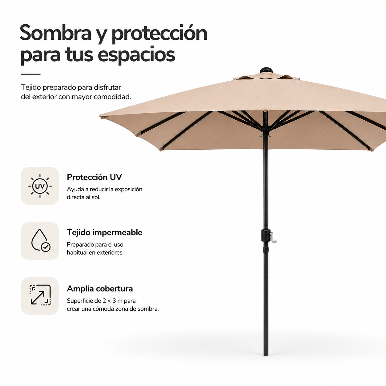 Parasol de jardin réglable 3 mètres avec manivelle couleur kaki - 4
