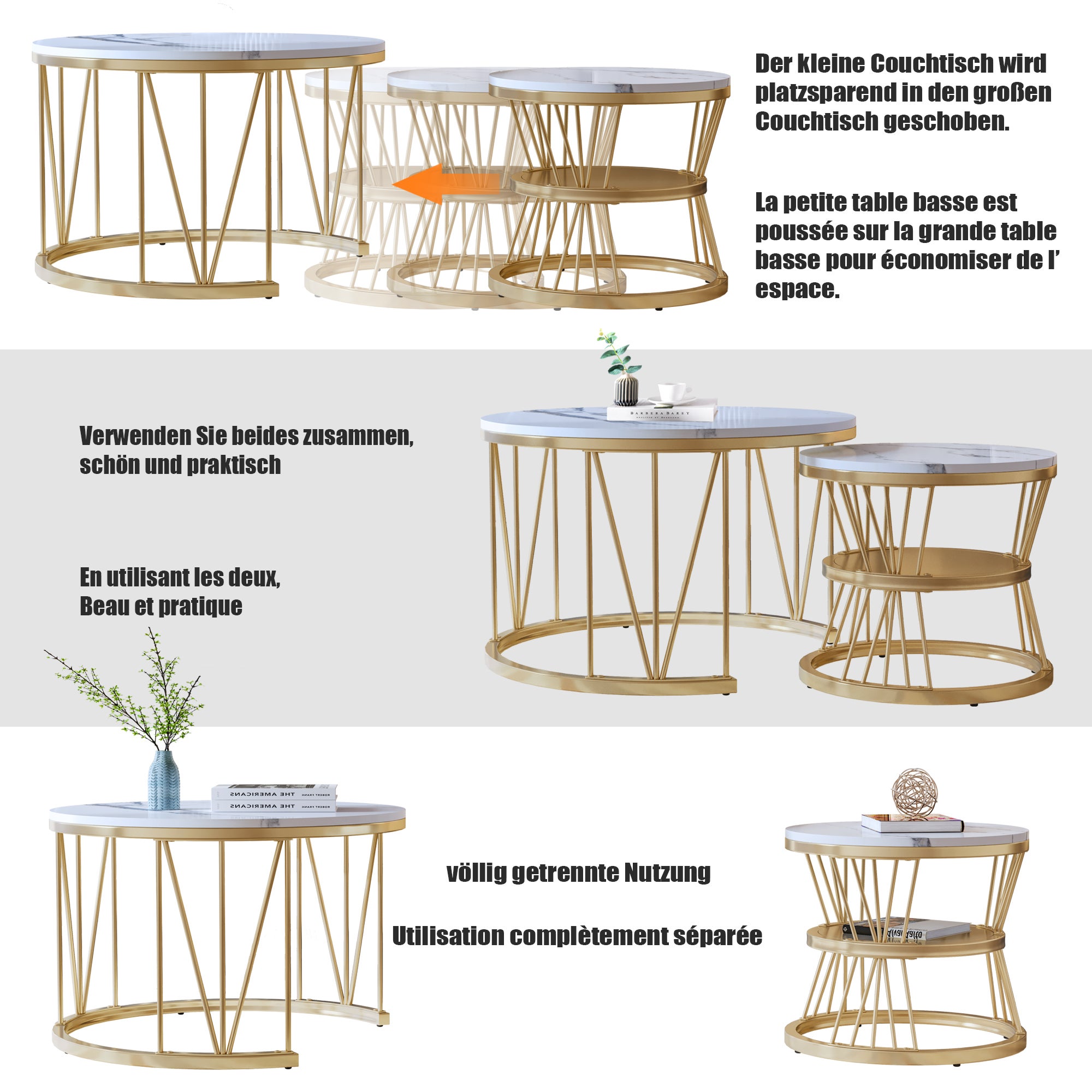 Ensemble de 2 Tables Basses Rondes, Tables Gigognes de Salon Modernes avec Pieds en Métal Doré, Blanc et Or(70 x 45cm) - 5