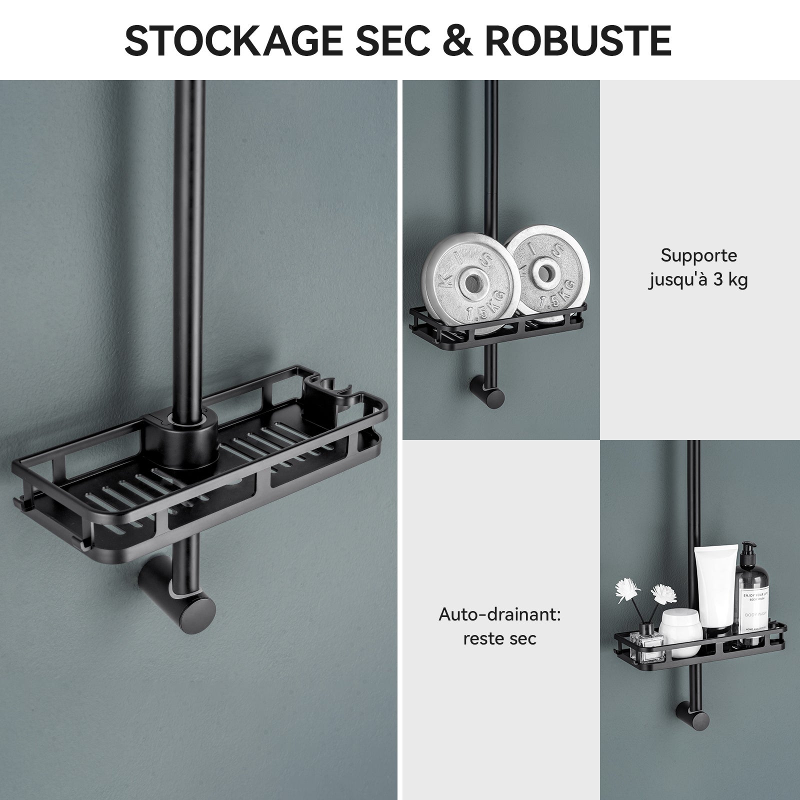 Barre de Douche en inox 70 cm avec Support de Pommeau de Douche /étagère de douche,fixations murales réglables,avec support de douchette,noir - 6