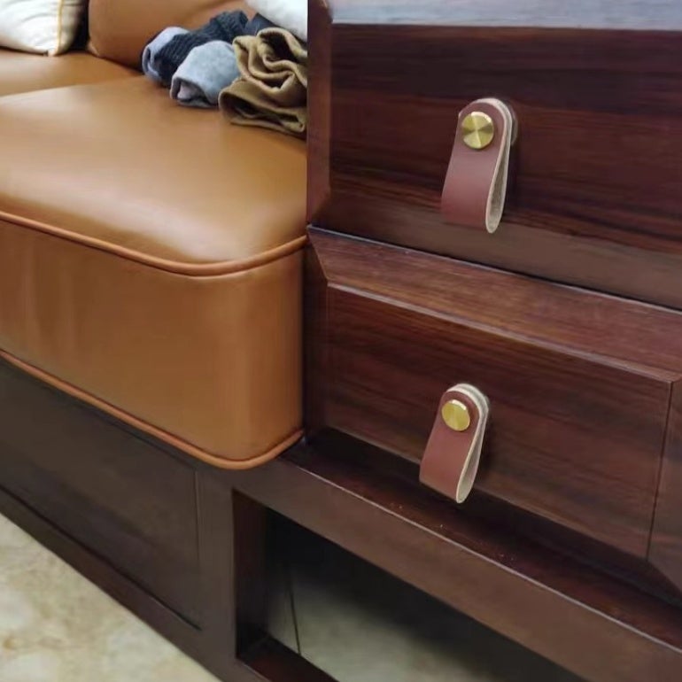 Quattro maniglie per mobili in pelle, stile vintage, adatte per armadi e tolette, foro singolo. - 5