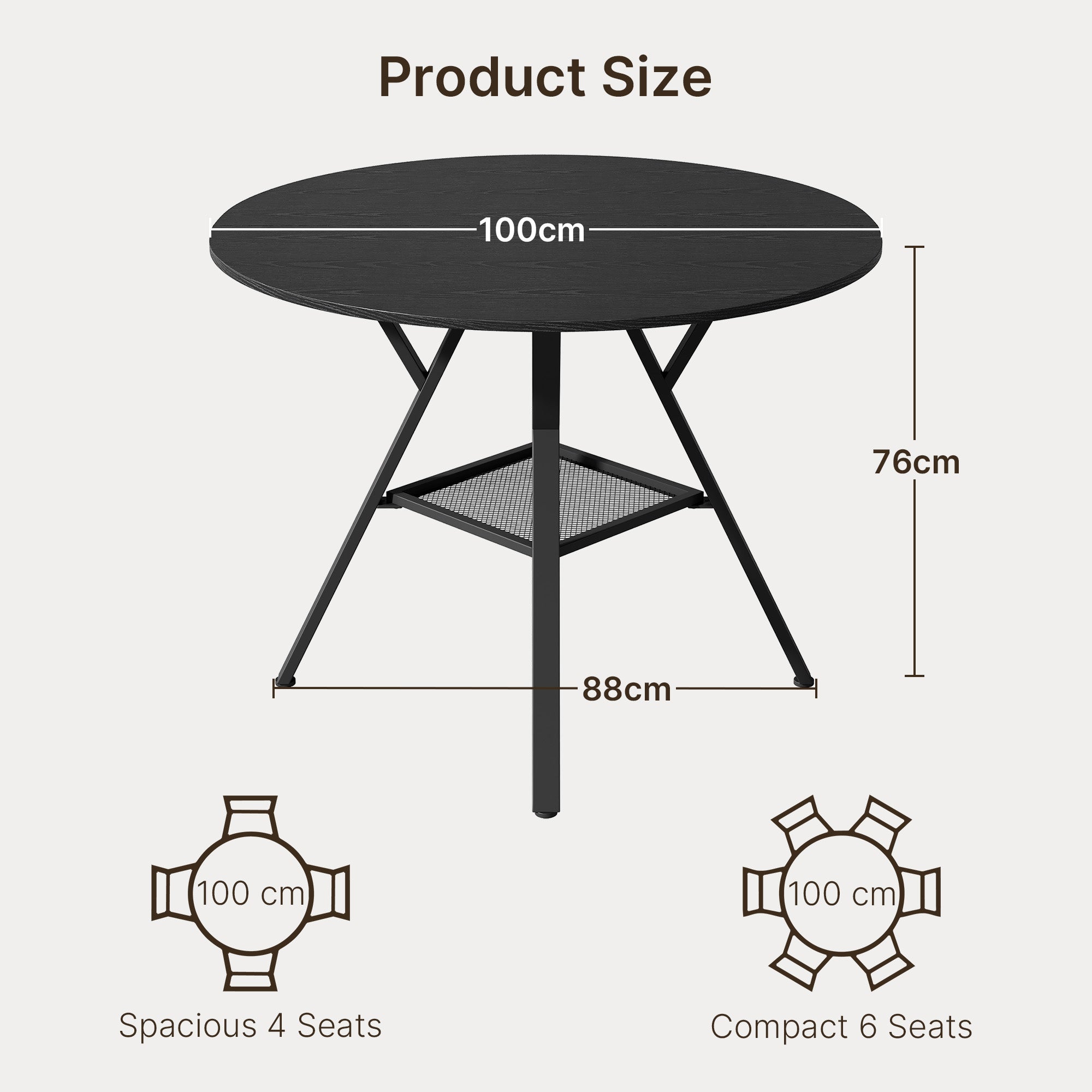 Mesa de comedor redonda moderna de madera negra y metal 100cm - Mesa de cocina industrial negra para 4-6 personas con estante de almacenamiento - 3