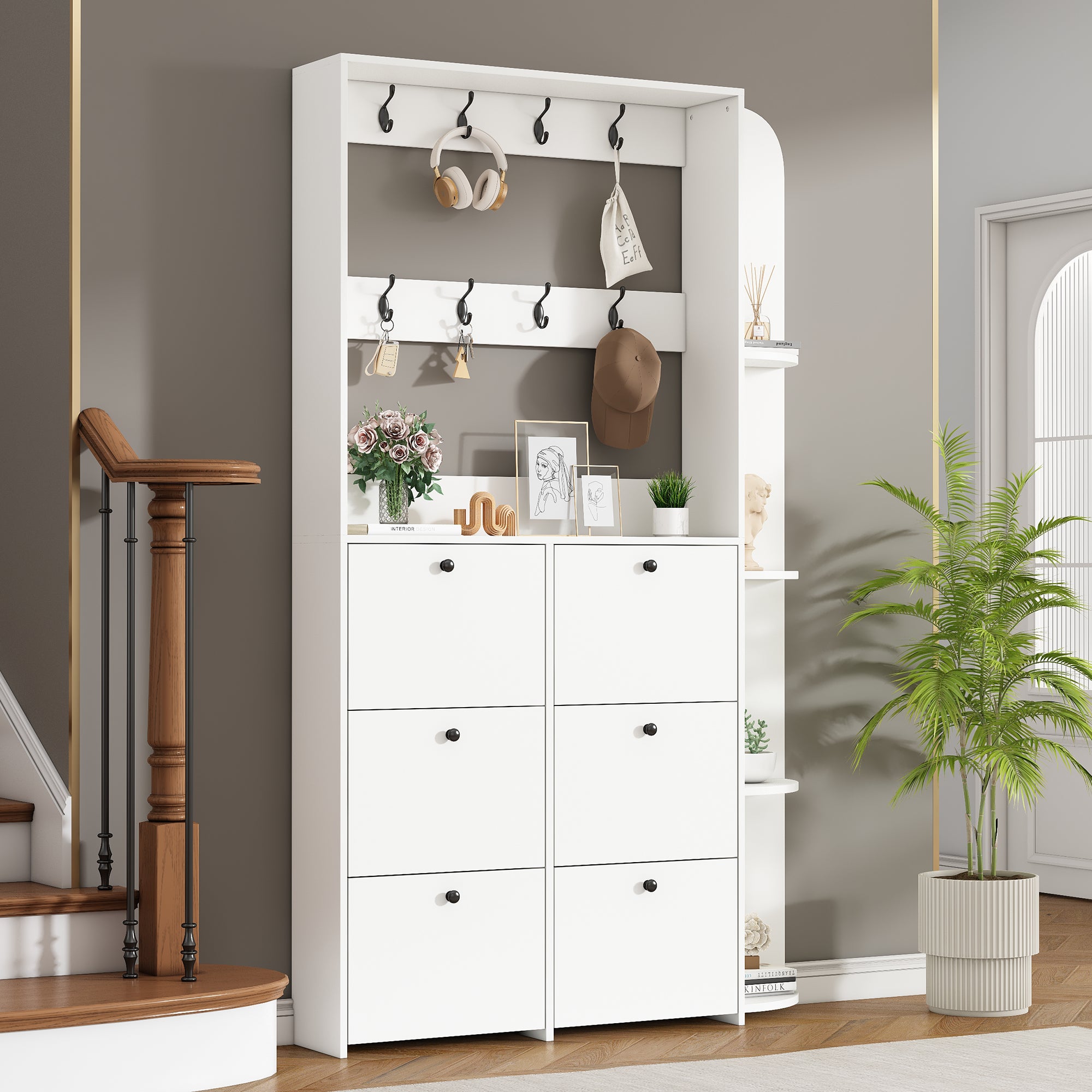 Zestaw szafek do przedpokoju 120 x 24 x 200 cm - Z 6 szafkami na buty - 8 wieszakami - Z 5 półkami - Biały - 3