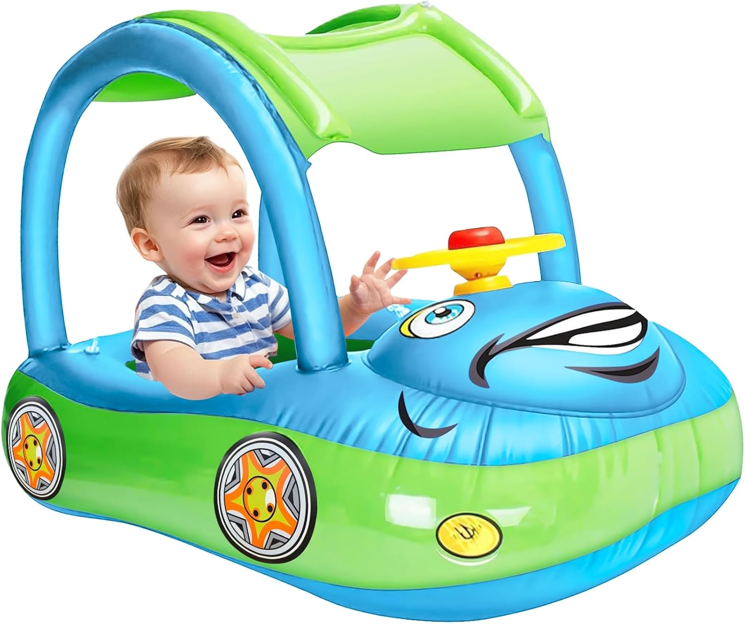 Flotador Bebe Con Sombrilla Para Piscina | Forma De Coche Con Volante Y Bocina | Apto Para 12-48 Meses | Protección UPF 50+
