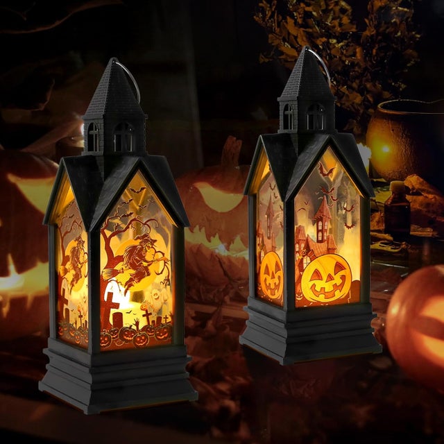 2 Pièces Lanterne à bougie d'Halloween, Lanterne d'Halloween avec bougie LED, Décoration d'Halloween Jardin Extérieur, Lanterne citrouille