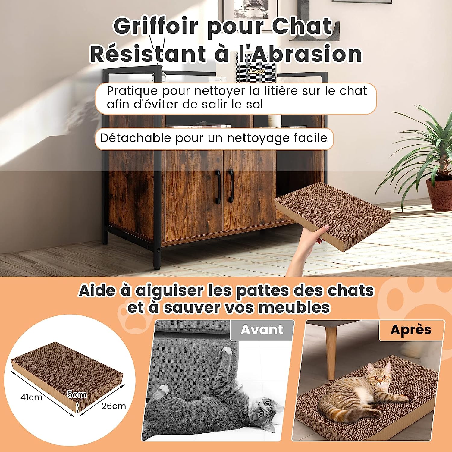 Meuble Litiere Chat Griffoir Amovible Industriel, 89x45x74,5cm Café - 4