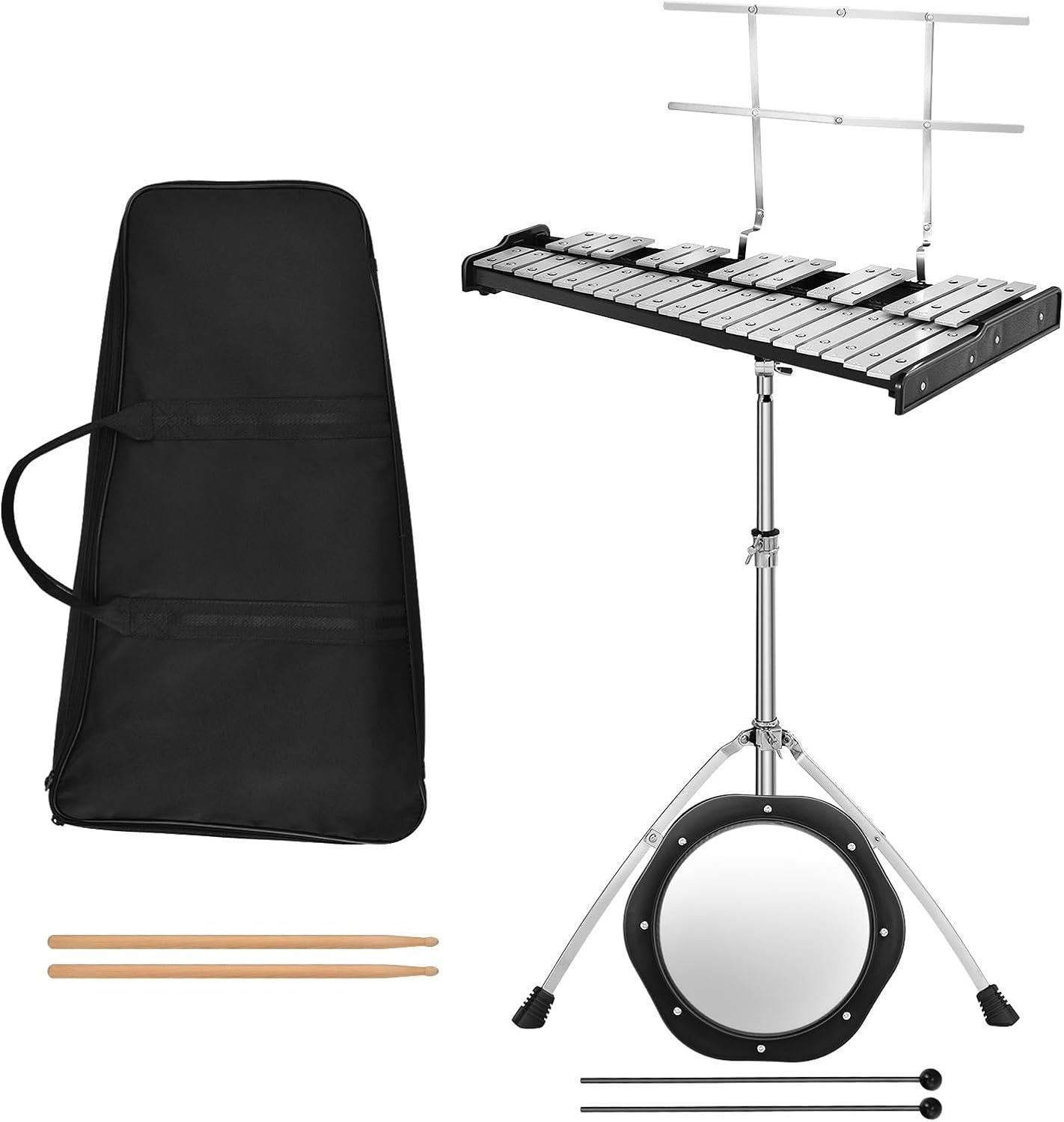 Składany Glockenspiel z 32 Nutami, Wykonany z Aluminium, dla Dzieci, Instrument Muzyczny Ksylofon z Regulowanym Statywem, Pulpit, Drewniane Pałeczki