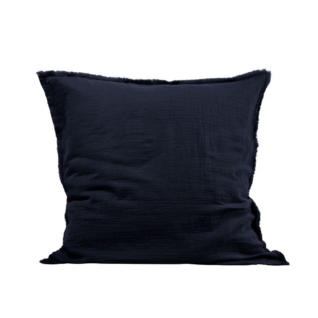 Lot De 2 Taies D'Oreiller en Gaze de coton lavé finition frangée, 65x65 cm LOU Bleu 65x65 cm