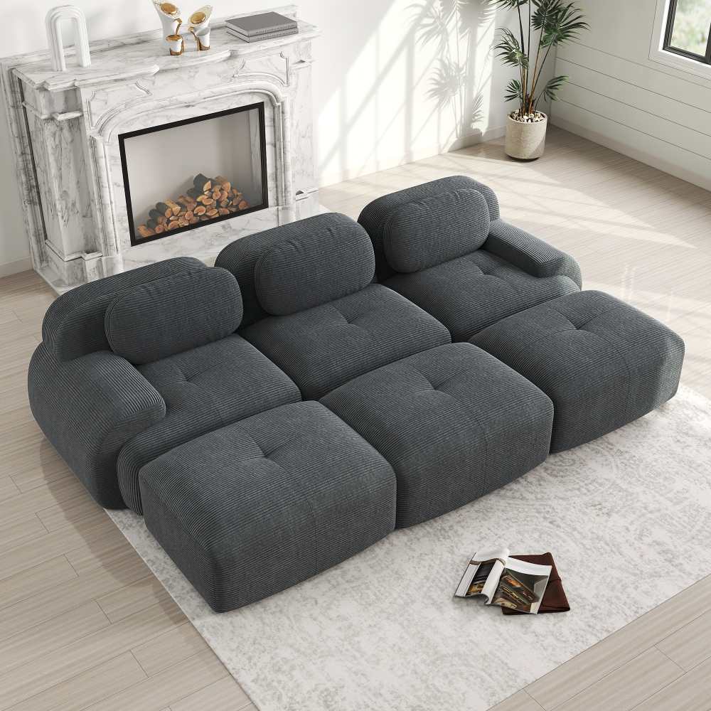 Canapé modulaire 3 places en tissu côtelé avec 3 poufs, accoudoirs extra-larges, rembourrage 32D, sans montage, adapté aux animaux - 2