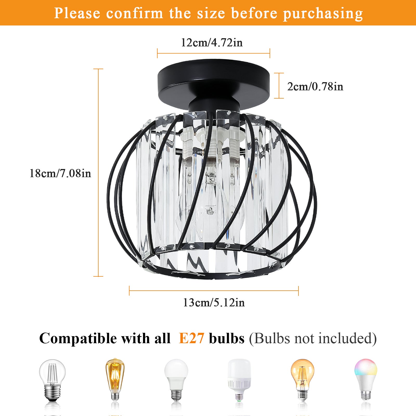 Lampada Plafoniera A Cristallo Nero E27 – Perfetta Per Corridoio, Bagno, Cucina E Scale - 3