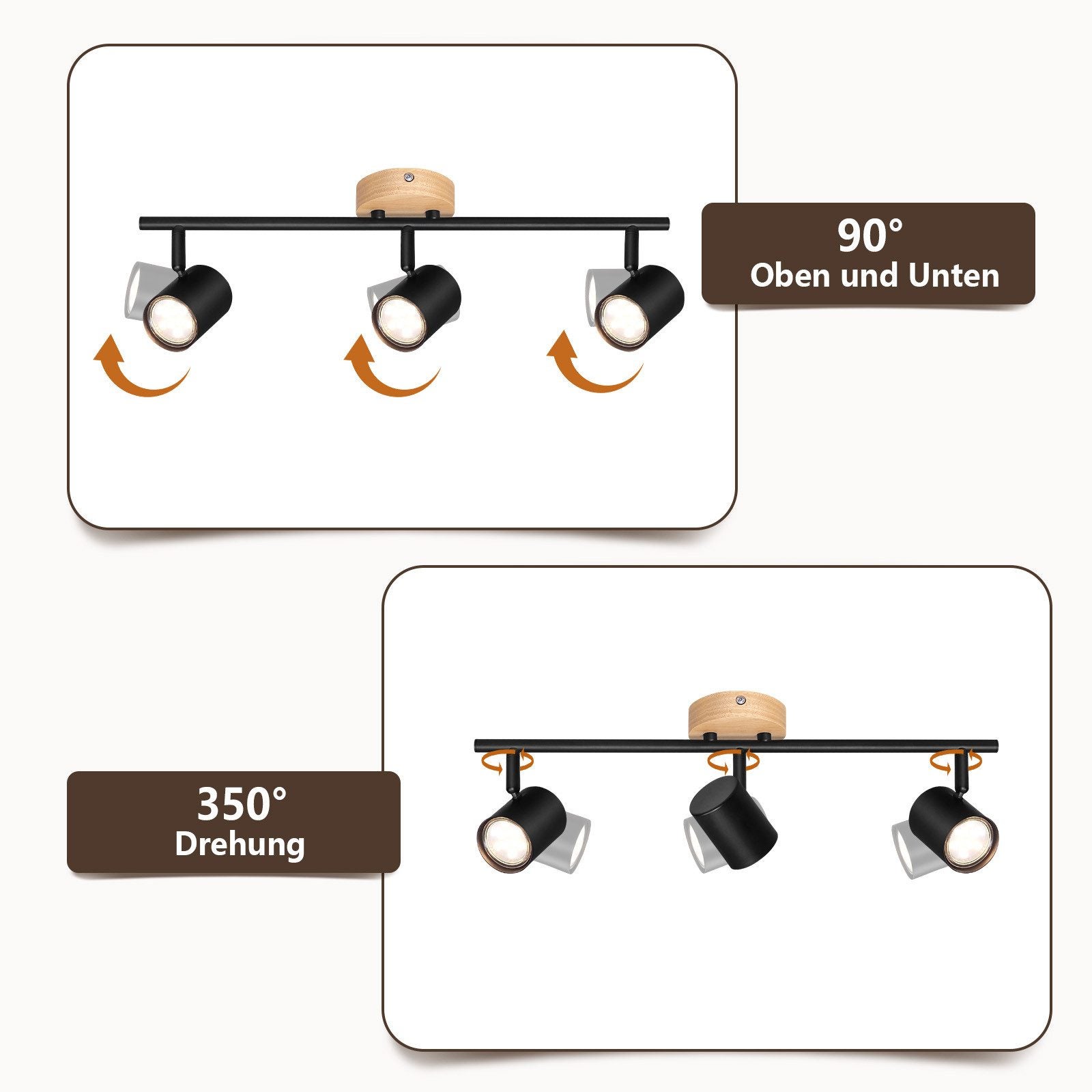 NETTLIFE Plafón LED de 3 llama - Plafón GU10 negro Foco giratorio Aplique de madera Foco de pared para salón dormitorio Sin bombilla - 4