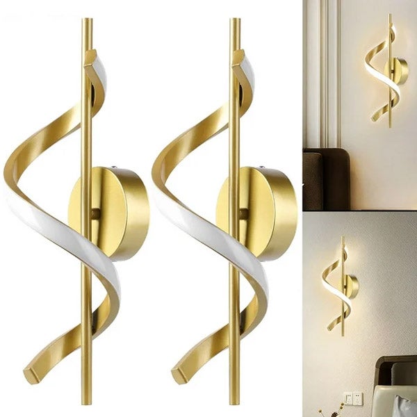 Kinkiet LED Spiralny 12W - 2700K, Styl Współczesny - Idealny do Sypialni, na Schody, Korytarz - Złoty - 2 sztuki