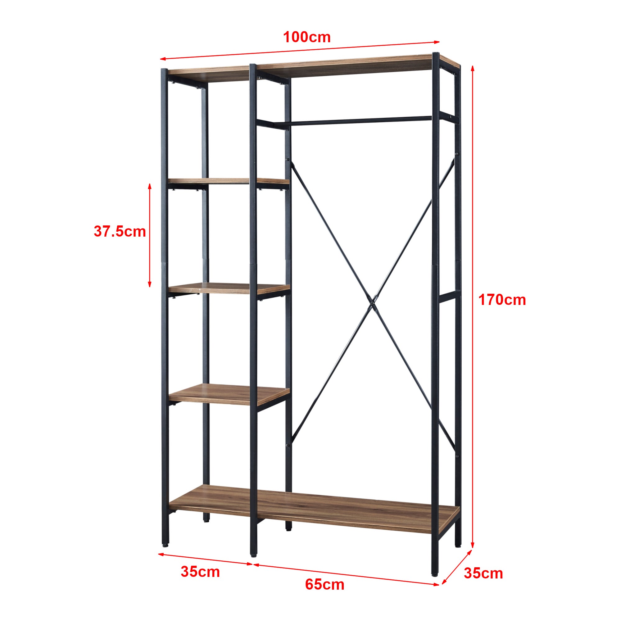 Armadio Aperto per Guardaroba Stand Appendiabiti Organizzatore con Scomparti Asta Porta Abiti Telaio in Metallo Ripiani in color Legno Scuro [en.casa] - 3