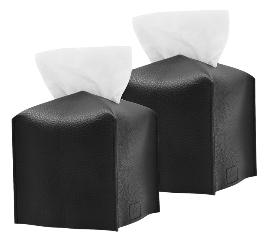 Skórzane pudełko na chusteczki do domu, łazienki, salonu, biura, łazienki i samochodu, 13 x 13 x 13 cm – czarne, zestaw 2 sztuk