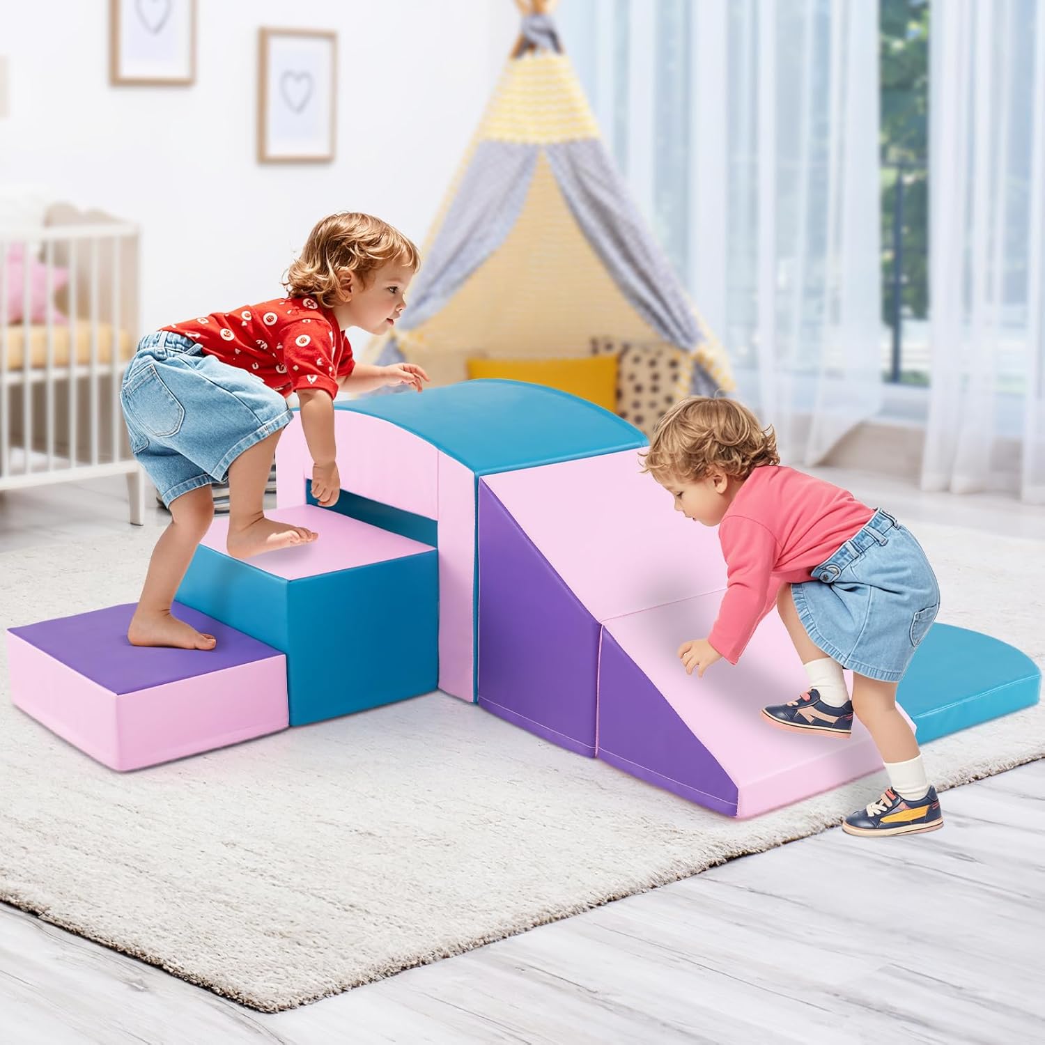 GOPLUS 4 Pcs Parcours de Motricité Bébé, Mondule Moticité en Mousse EPE, Revêtement en Simili Cuir, Convient pour Enfants 3 Ans+, Jouets Montessori pour Grimper, Ramper (Rose