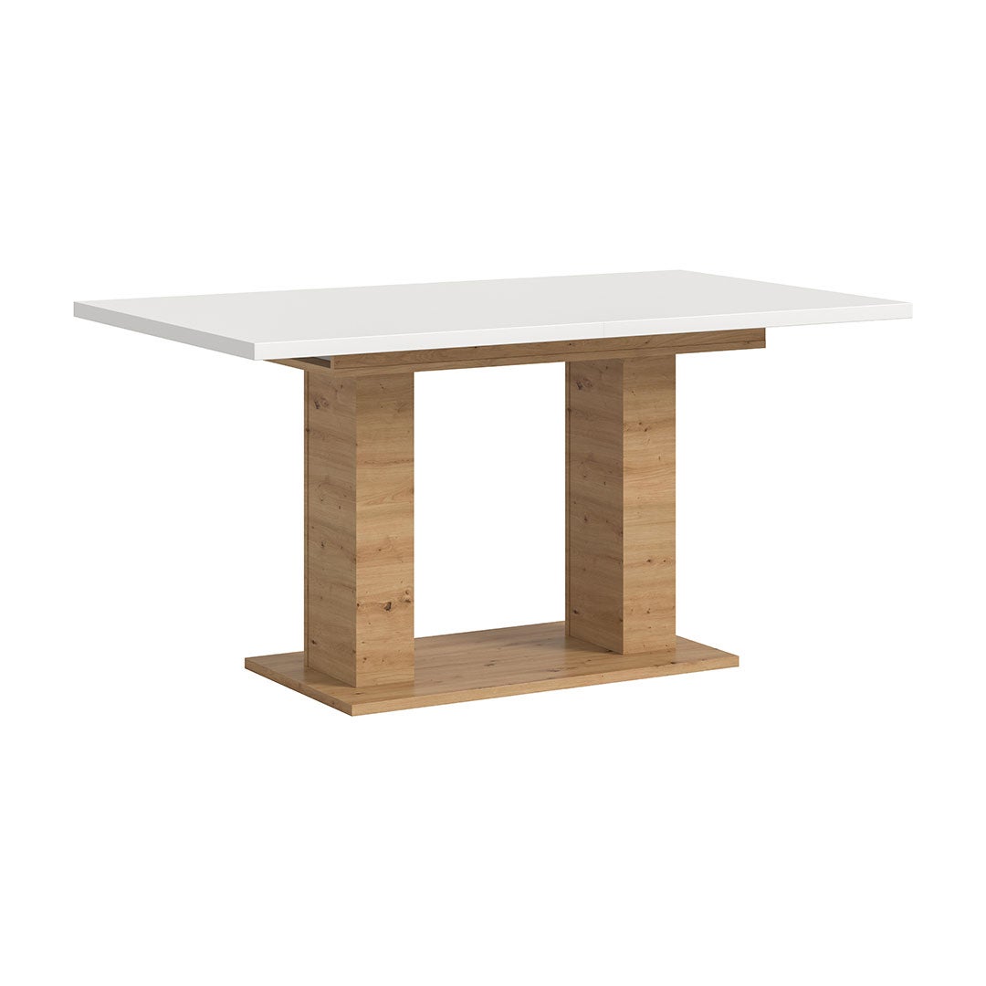 Motion stół do jadalni podwójna kolumnowa 90x150/190 cm z 1 wkładką biały, dąb dekor.