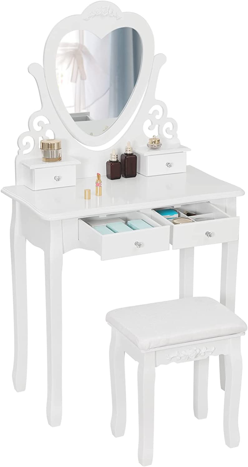 Table de maquillage en MDF blanc commode de coiffeuse avec miroir et tabouret