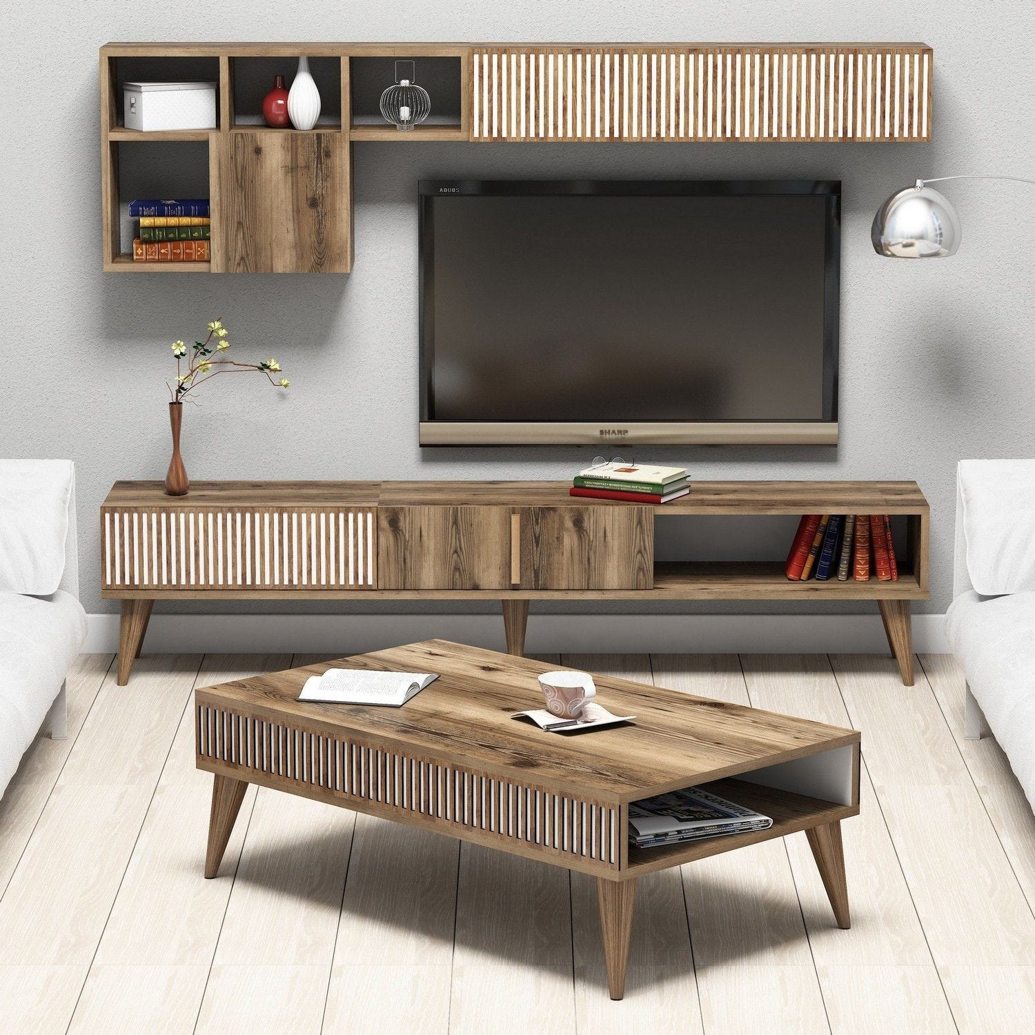 Ensemble meuble Tv, table basse et étagère murale design Ribera Bois ...