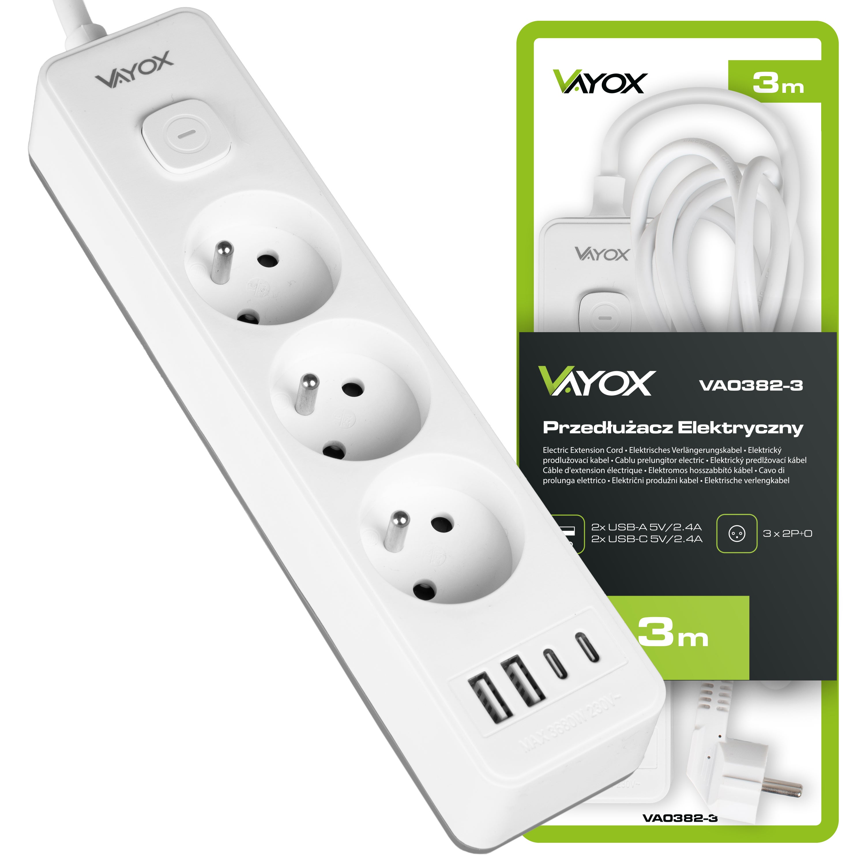 Przedłużacz 3M 3 gniazda 16A + 2x USB-A + 2x USB-C VA0382-3 Vayox