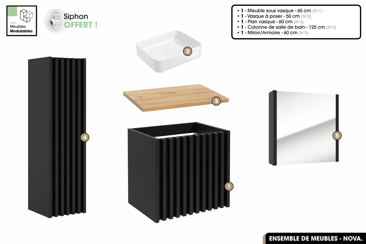 Conjunto de baño completo - mueble - columna - espejo - lavabo sobre encimera con sifón gratis | nova | roble | 60 x 56 x 45 cm