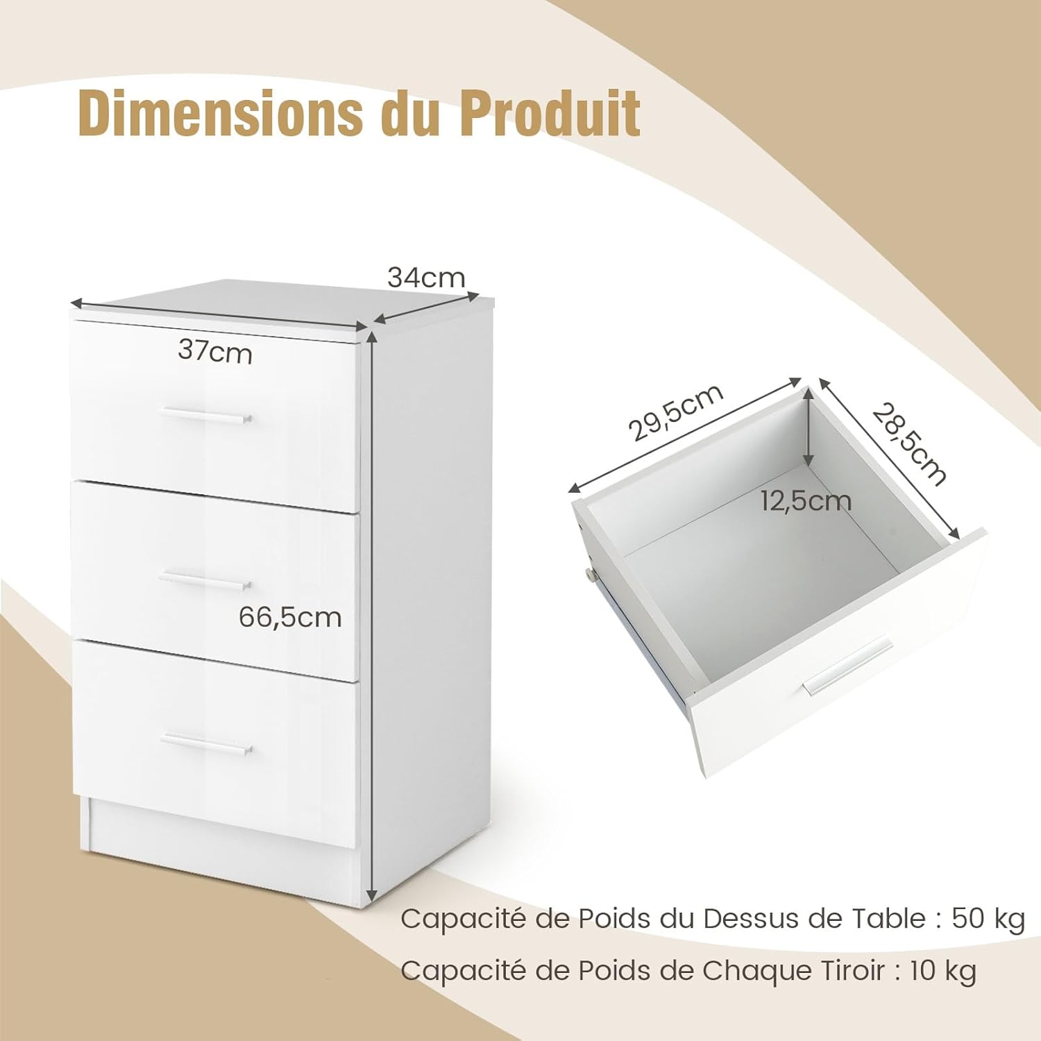 Caisson de Bureau Meuble de Rangement avec 3 Tiroirs pour Lettre,Dossiers et Documents Blanc - 2