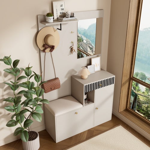 Ensemble de vestiaire d’entrée avec miroir, coussin, tiroirs et étagères – meuble compact de rangement 110x185,5x37 cm - 6