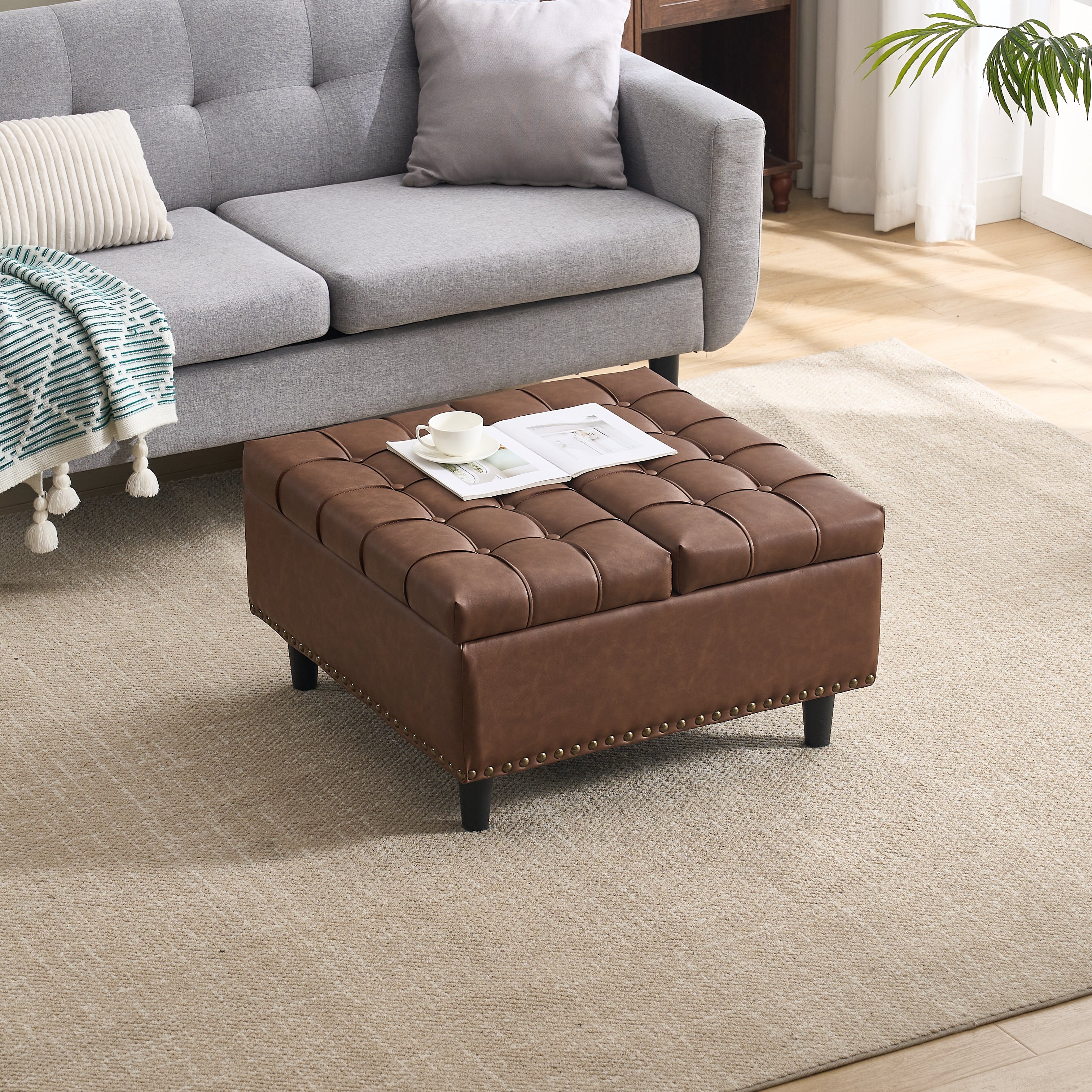 Pouf De Rangement , Banc Multifonction Avec Rangement Caché, Assise Microfibre Et Pieds Bois Massif, Polyvalent Salon Ou Salle À Manger , Café | Leroy Merlin
