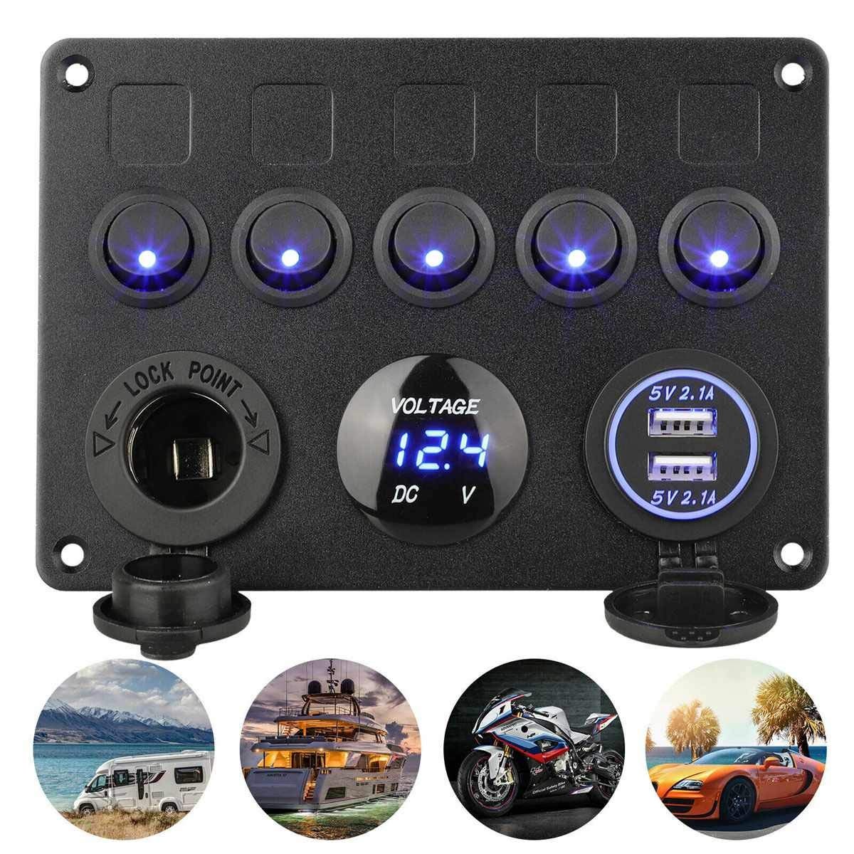 5-Gniazdowy Panel Przełączników Kołyskowych 12V 24V IP65 z Podwójną Ładowarką USB Woltomierzem do Samochodu Łodzi Ciężarówki RV