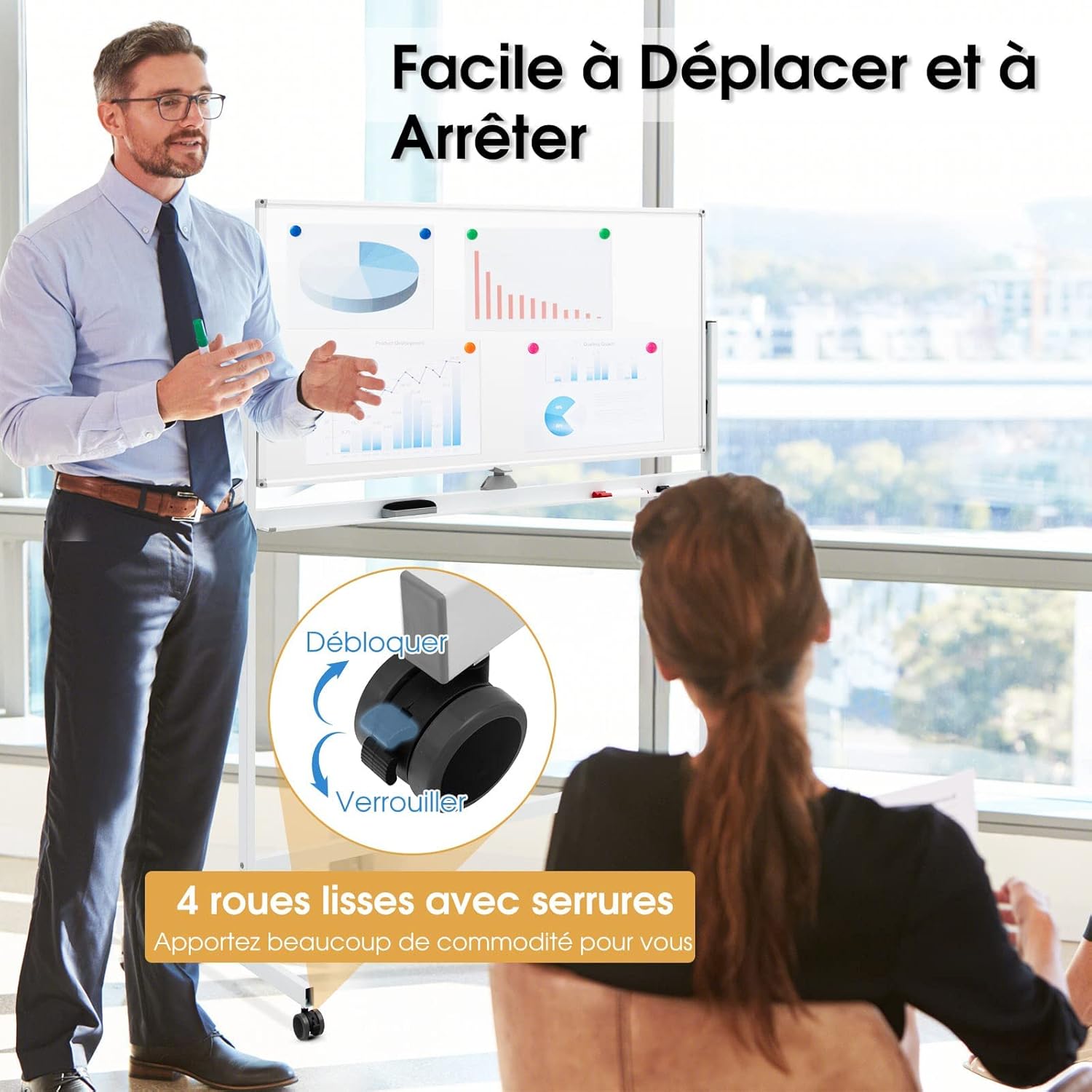 Tableau Blanc Double Face Rotatif à 360°, Tableau Blanc Effaçable à pied, Hauteur Réglable, 4 Roues Universelles avec Freins, Aimant, Marqueur, Gomme - 5