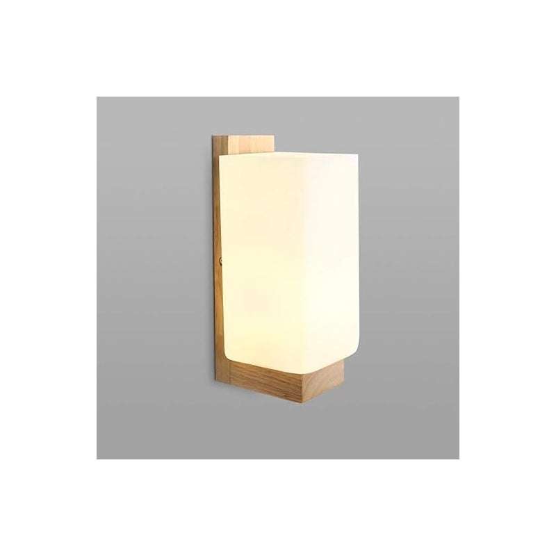 Nowoczesna lampa ścienna z drewna i szkła – ciepłe światło – wymiary: 10 x 25 cm – nadaje się do salonów, sypialni, korytarzy i klatek schodowych.