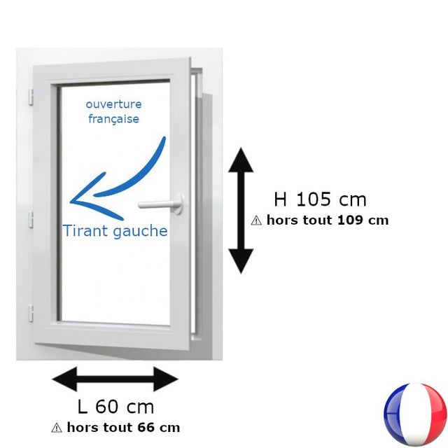 Fenêtre PVC 1 vantail H 105 x L 60 cm OF pour pose en neuf avec poignée - tirant gauche