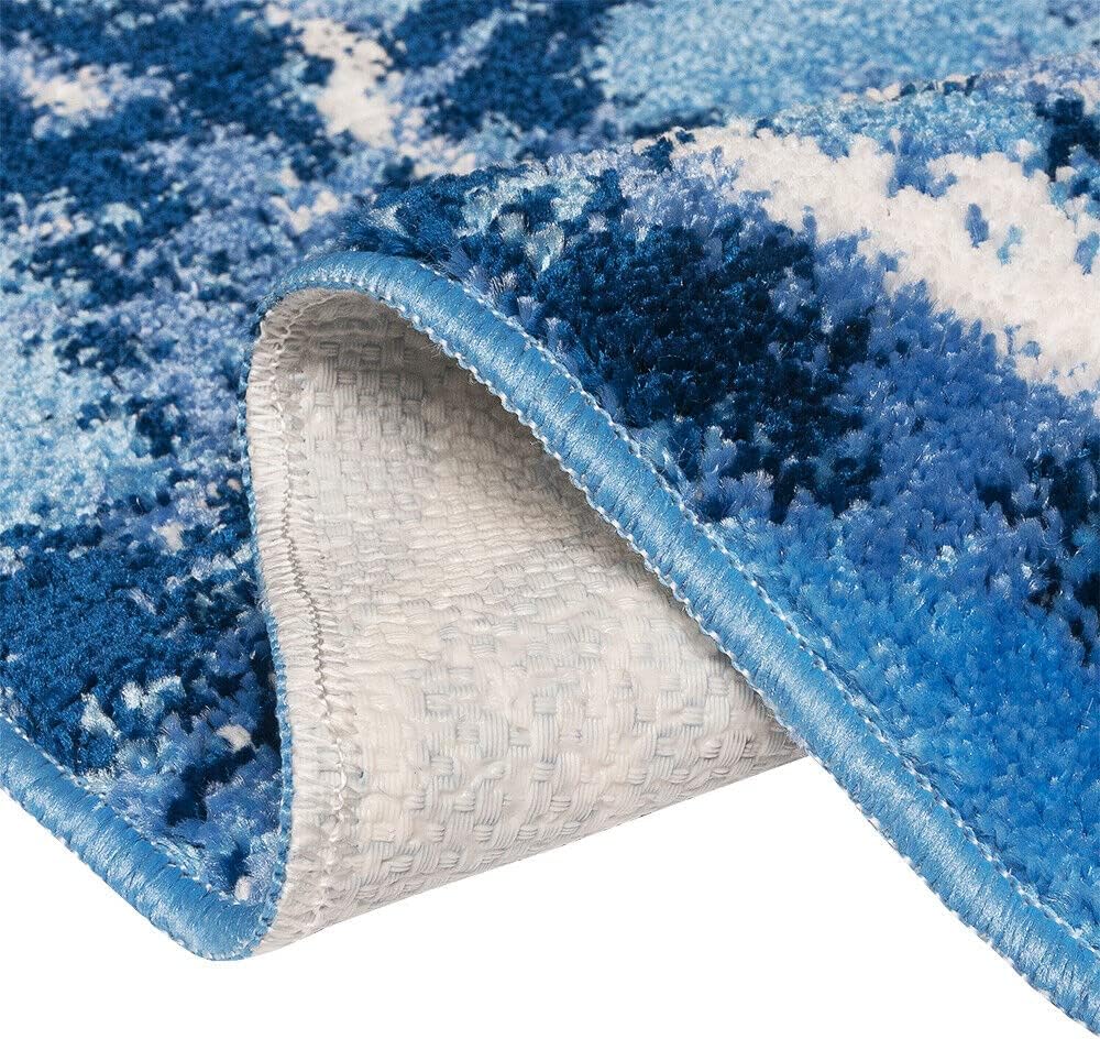 Tapis de Salle de Bain Moderne 60x120 cm Effet Marbre Tapis de Chevet Shaggy Doux et Antidérapant Bleu - 8