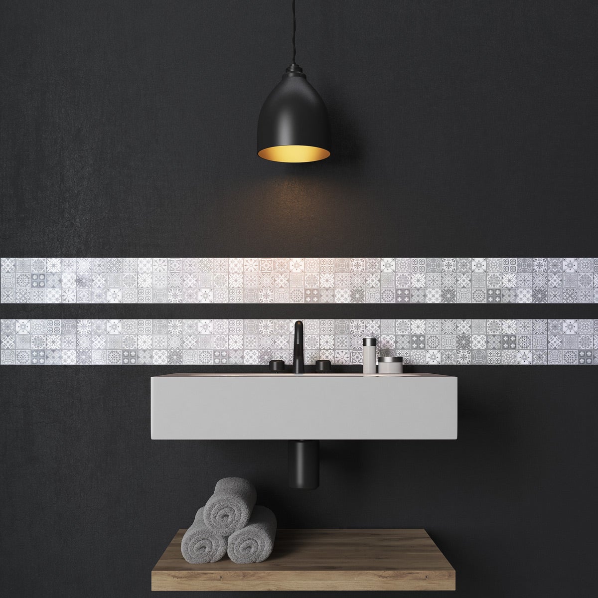 6 stickers adhésifs frises carrelages | Autocollant Frises Mosaïque Carreaux de ciment - NUANCE DE GRIS LIA - 6 frises de 20 x 120 cm - 5