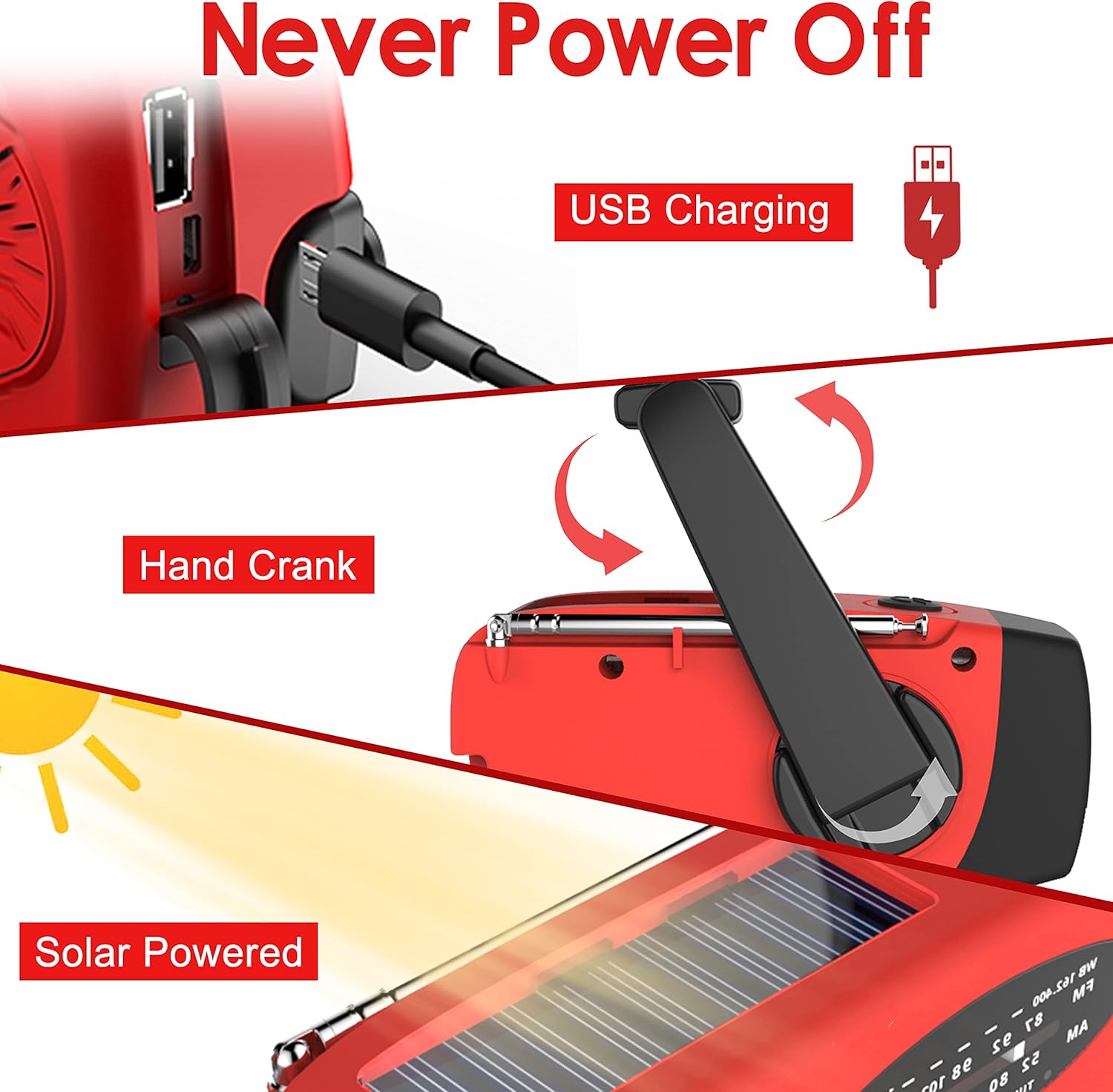 Rádio de emergência com manivela e lanterna, rádio meteorológico portátil AM/FM NOAA, bateria externa de 2000 mAh para áreas externas, camping - 3