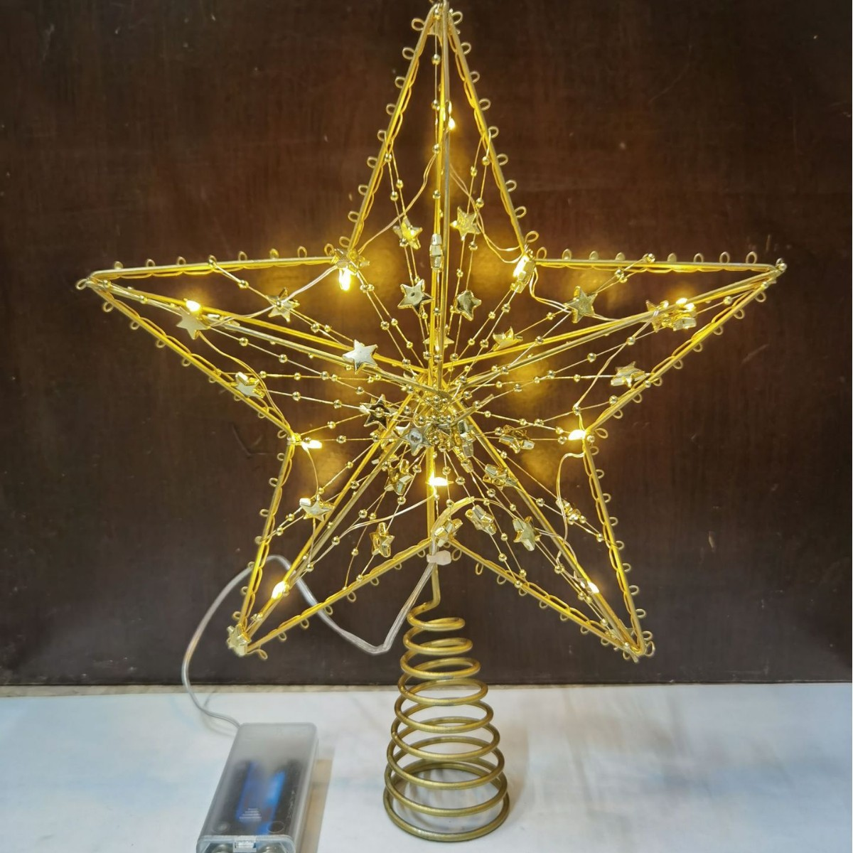 Topo de árvore de Natal em forma de estrela com luzes LED, decorações de Natal douradas, topo de árvore de Natal, enfeite de Natal - 5