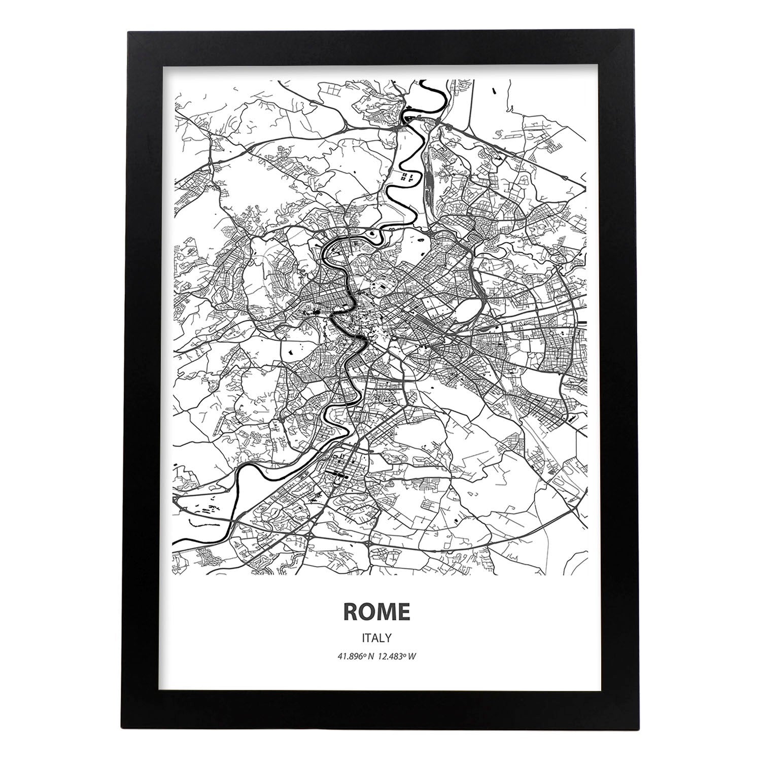 Poster con mapa de rome italia láminas de ciudades de italia con mares y ríos en color negro