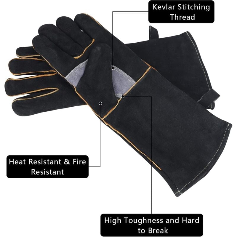 Gants résistants au feu et à la chaleur extrêmes, cuir avec coutures en kevlar, parfaits pour cheminée, poêle, four, grill, soudage, barbecue, mig - 3