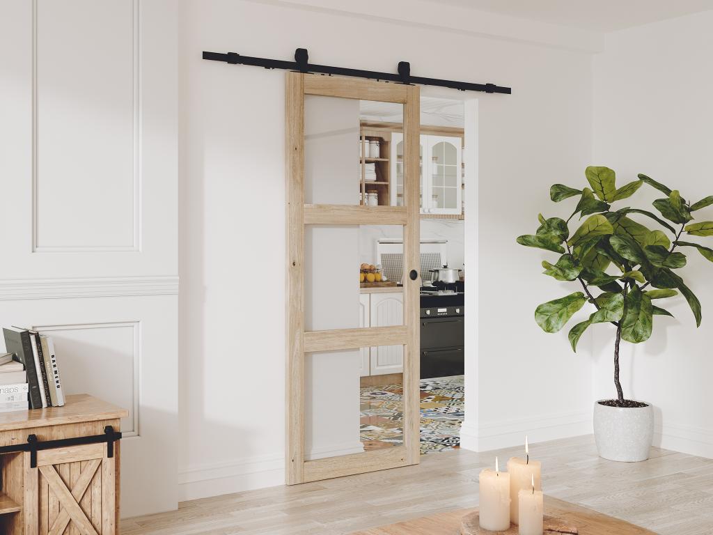 Porte coulissante avec système en applique en bois et verre trempé - 3