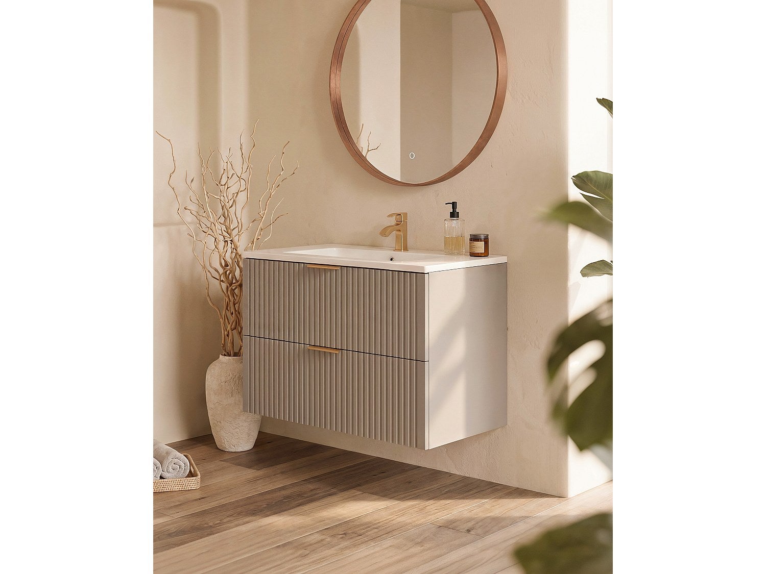 Meuble sous vasque suspendu strié - Beige - L80 cm - ZEVARA - 2