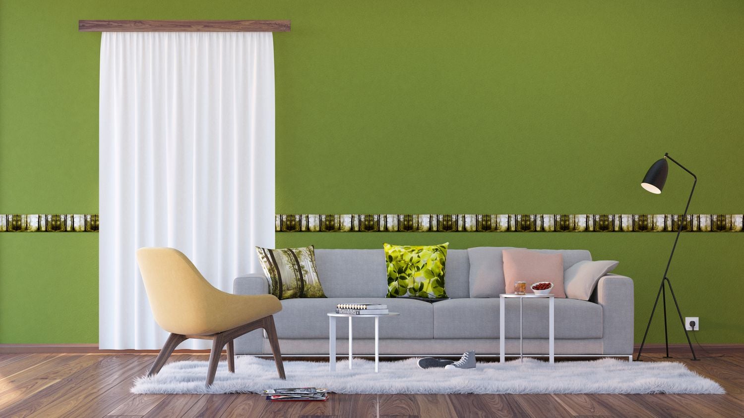 Frise de papier peint adhésive paysage boisé vert mousse - 14 x 500 cm