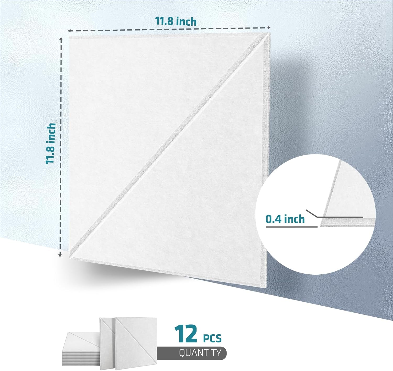 Lote de 12 paneles acústicos autoadhesivos, relleno insonorizante de poliéster, paneles murales insonorizantes de alta densidad, 30 x 30 cm, Blanco - 4